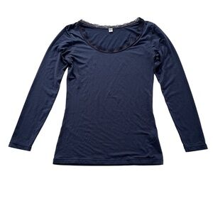 Uniqlo Heattech Thermal Base Layer Lace Neckline Top Sz S Navy Blue Loungewear